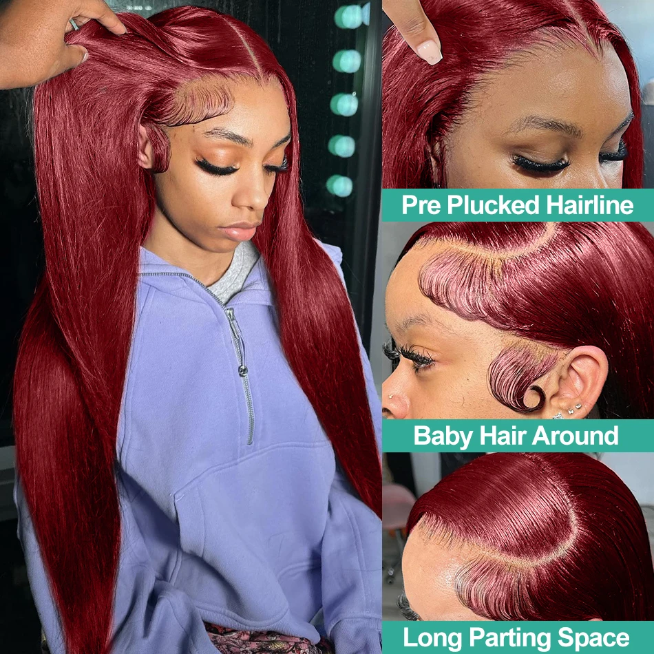 Gesstons Bone Straight Lace Front 99J Colored Human Hair Wigs For Women 30 40 Inch Burgundy 13x4 Hd Lace Frontal Human Hair Wig