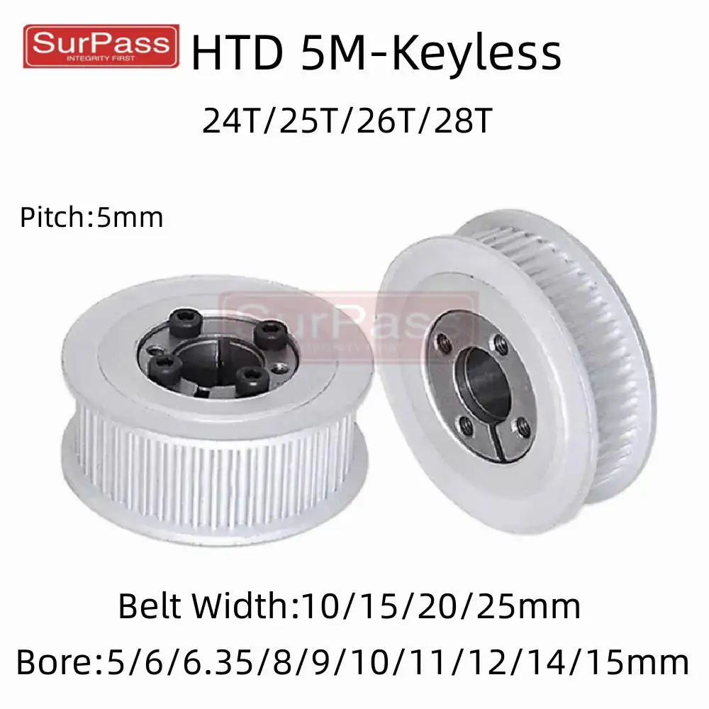 HTD 5M 24T/25T/26T/28Teeth Timing Pulley Keyless Bushing Bore 5/6/8/9/10/11/12/14/15mm for Belt Width 10/15/20/25mm