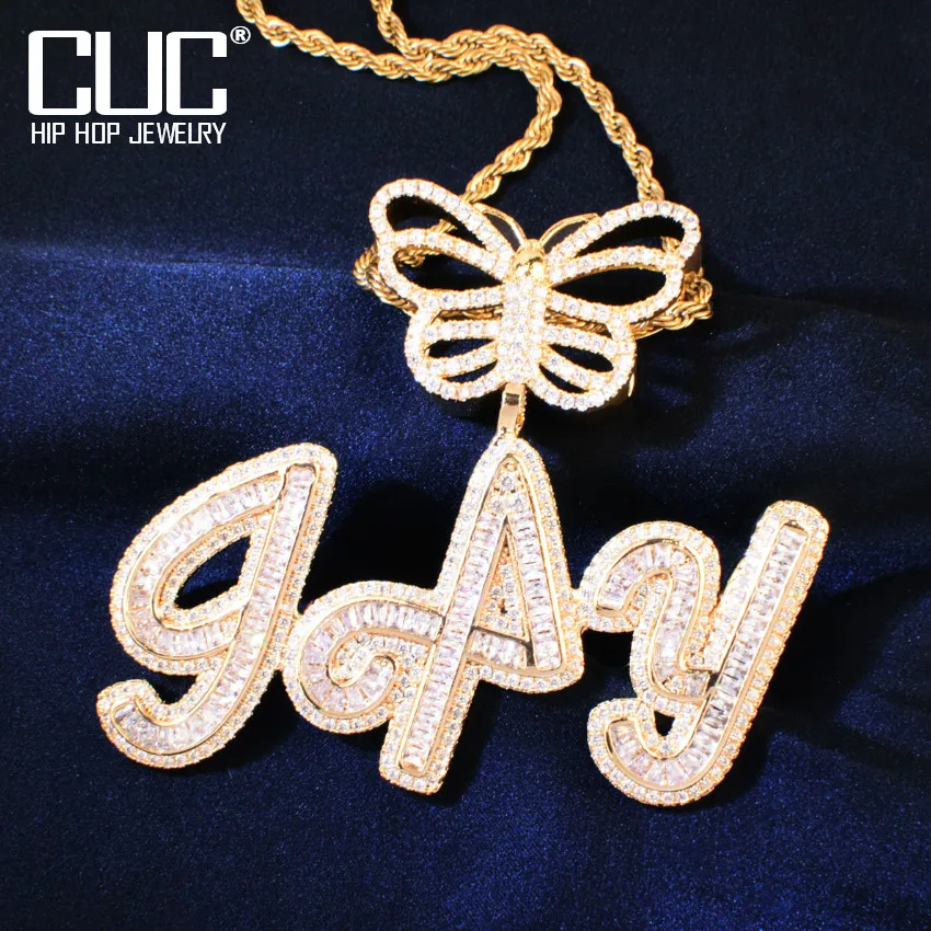 

CUC Butterfly Bail Custom Cursive Letter Pendant Iced Zircon Men Women Name Necklace HipHop Chain Customized Jewelry