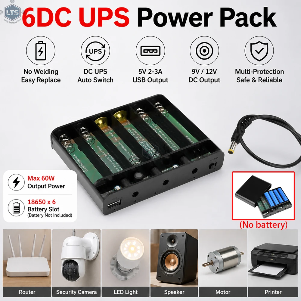 DIY 6PCS 18650 Battery UPS Power Bank Case 5V 9V 12V 60W Backup Power Supply for WiFi Router ONU Optical Modem