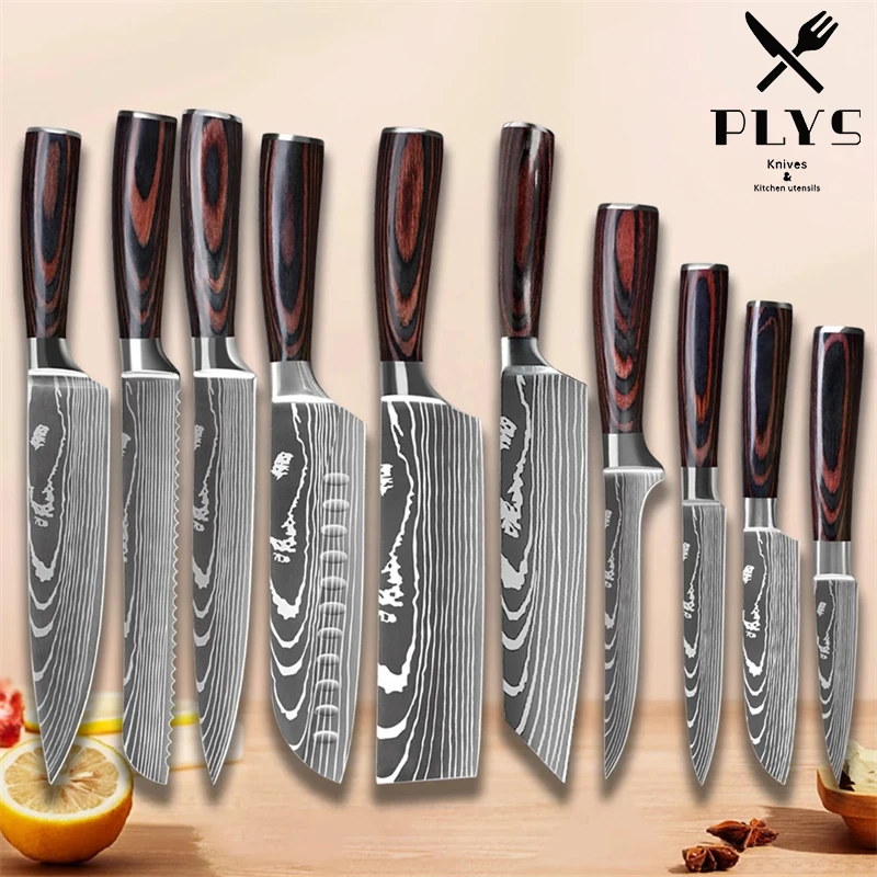 PLYS Damascus Pattern Kitchen Complete Knife Set Sharp Chef's Knife Boning Knife Santoku Knife