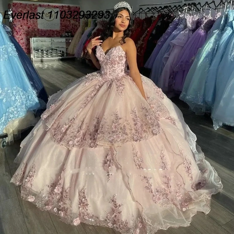 EVLAST-Vestido De quinceañera rosa brillante, Vestido De baile, apliques florales 3D, cuentas, volantes, escalonados, dulce 16, 15 años, TQD327