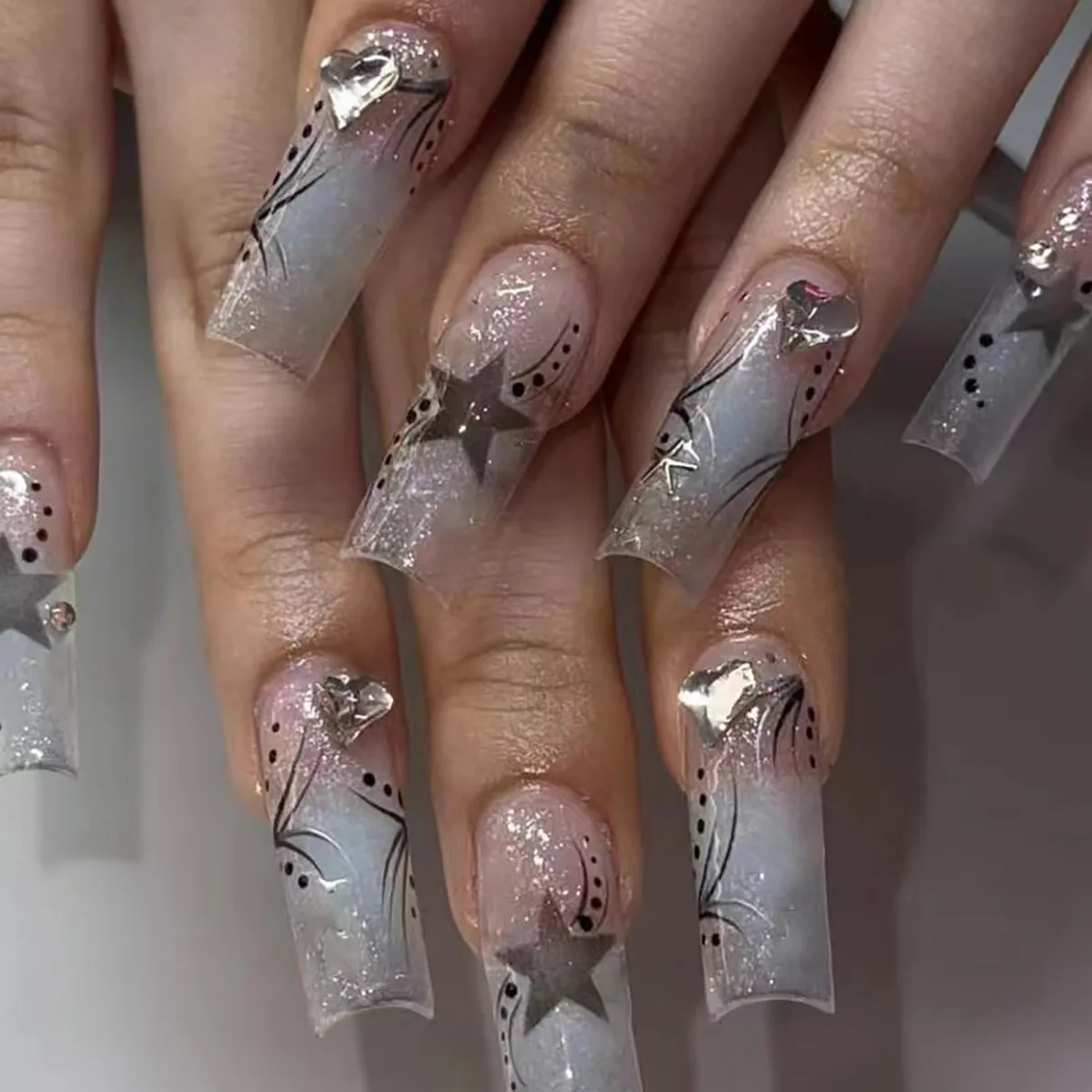 24Pcs Long Coffin Square Head Fake Nails Wearable Ballet Blue Butterfly with Glitter Press on False Nails Detachable Finger Nail view 6