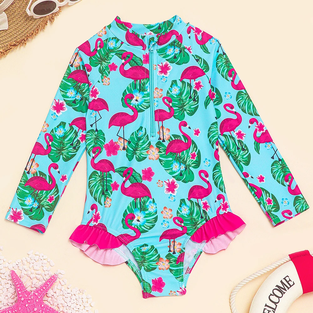 Girls One Piece Swimsuits Long Sleeve Rash Guard Beachwear Flamingo Swimwear Kids Hawaiian Bathing Suit Ruffle Swim Shirts