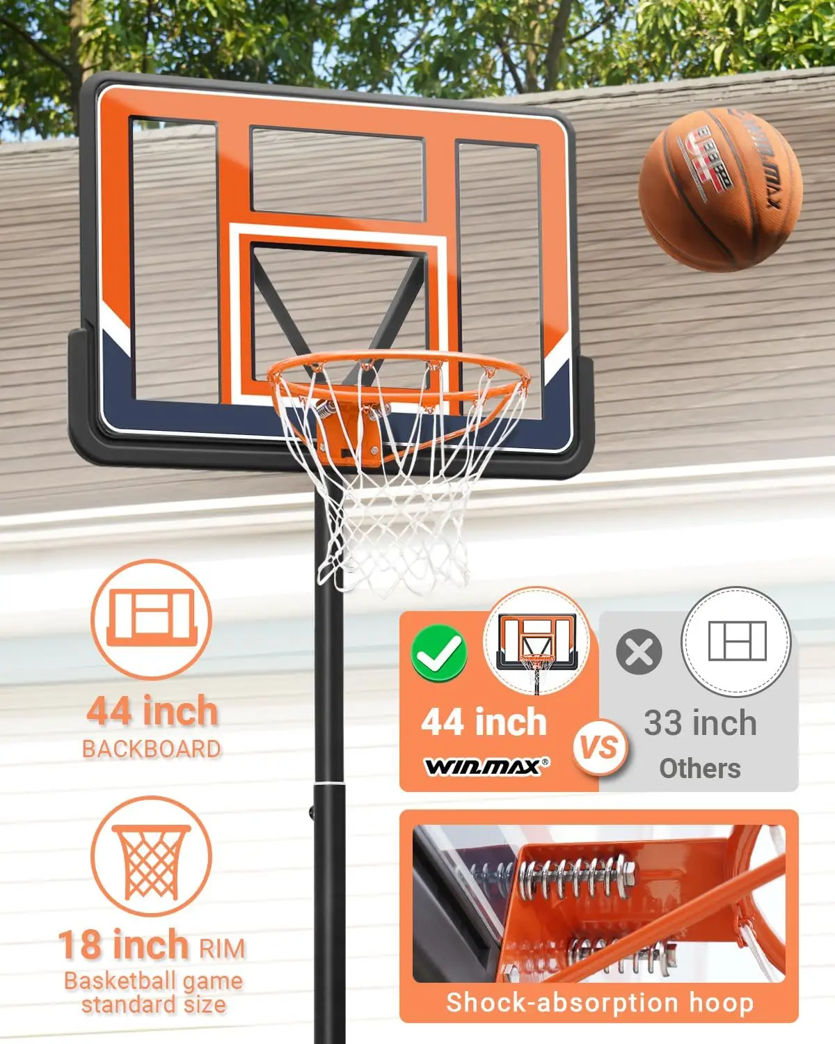 Basketball Hoop Outdoor 3.8-10ft Adjustable Height, 44inch Backboard, Swimming Pool Basketball Hoop & Goal for Kids/Adults