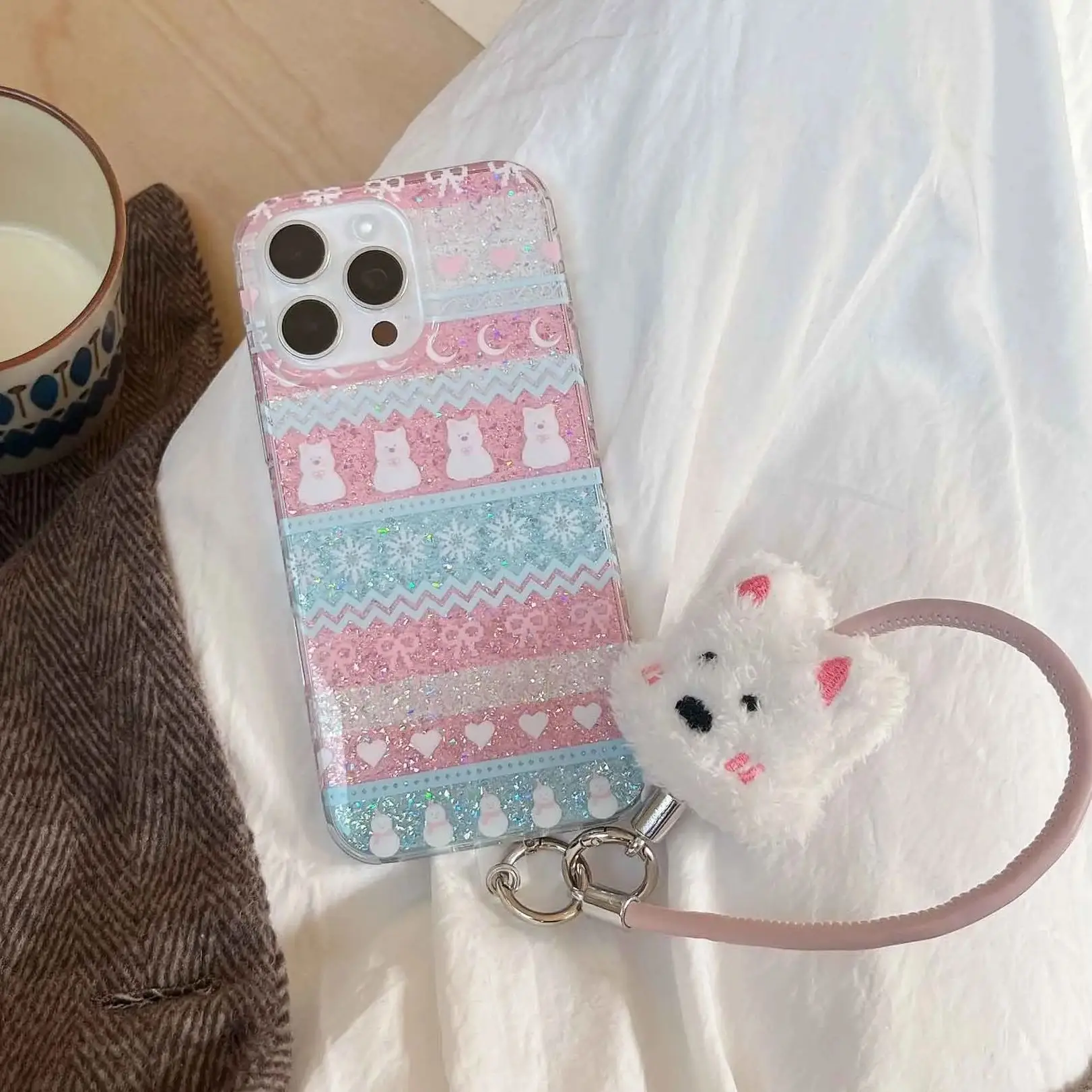 Ins Winter Fair Puppy Shiny Fundas for iphone 16Pro 13pro 15pro 14 13 15 16 pro max 14promax shell protect cute rope phone case