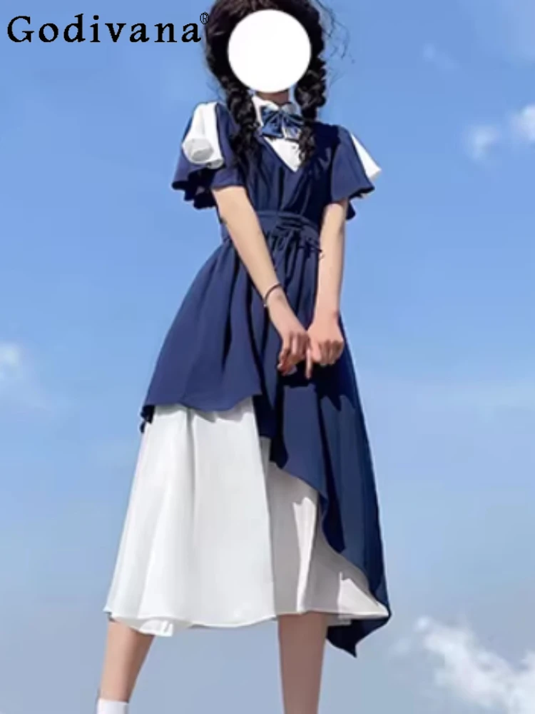 

Spring Summer Sweet College Chiffon Fairy Short Sleeve Dress Fashion High Waist A-line Age-reducing Blue Splicing Long Dresses