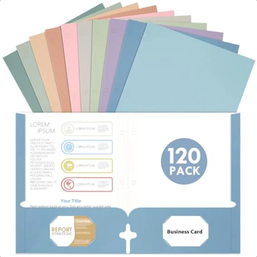 

Folders with Pockets 2 Pocket Folders Bulk 120 Pack Assorted Colors Paper Folders with Pockets 3 Hole Punched with Busin Card S