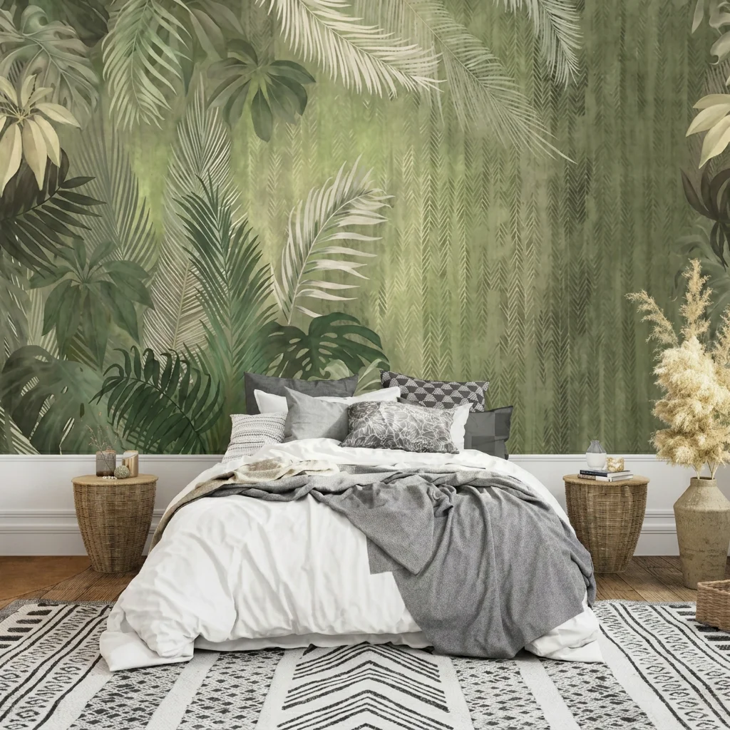 Fern texture, living room sofa background wall, tropical rainforest style wall art accent, self-adhesive material.