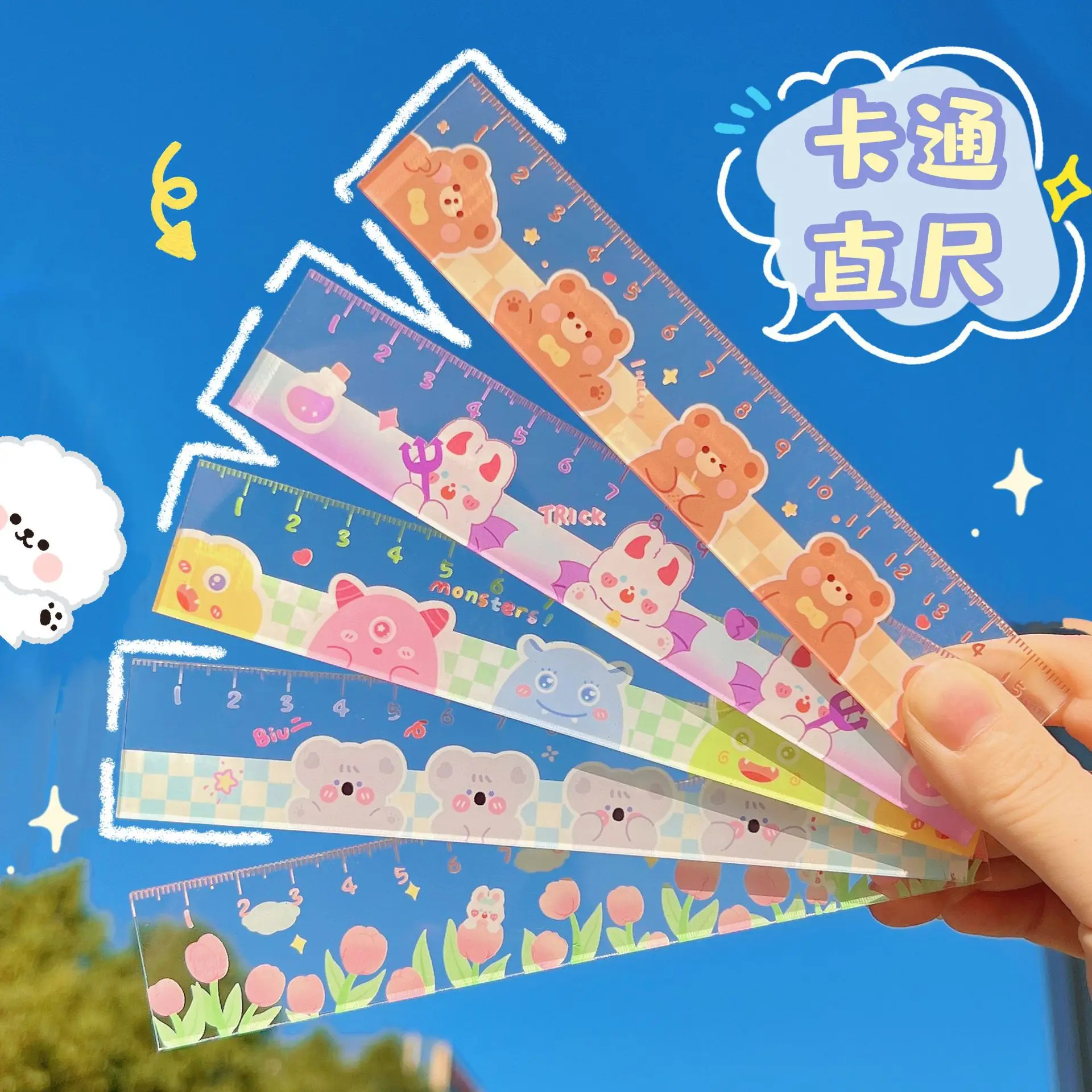 15cm Kawaii Straight Ruler Cute Cartoon Bear Tulip Student Measuring Tool School Office Supplies Student Prize Drawing Tools