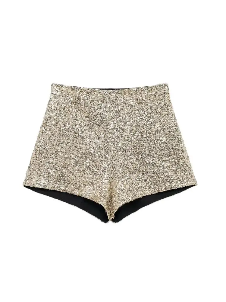 

TRZA Sequin Shorts for Women Mid-Waist Side Zipper Fashionable Short Pants for Female