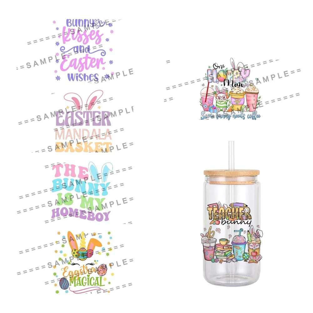 11x12cm Happy Easter Day Colorful Rabbit Pattern UV DTF Waterproof Transfers Decals For 16oz Glass Cup Wrap Stickers