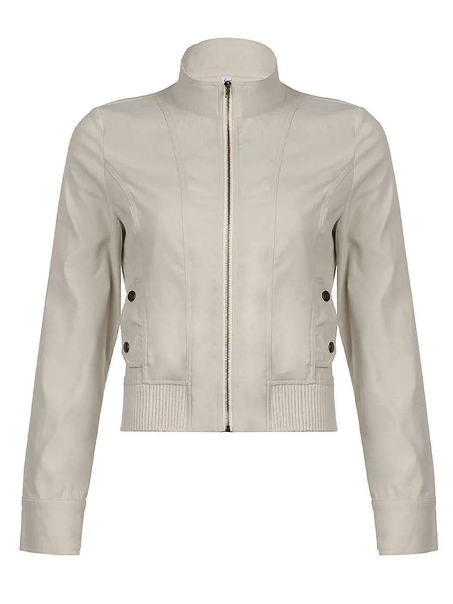 Manteau en cuir à revers pour femme, veste cargo zippée, manches longues, document solide, printemps, automne