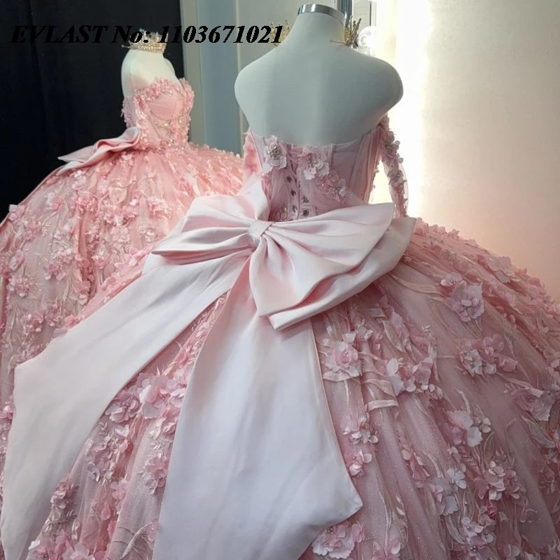 EVLAST-vestido mexicano rosa quinceanera, aplique floral 3D com espartilho arco, vestido de baile Sweet 16, XV 15 e SQ18