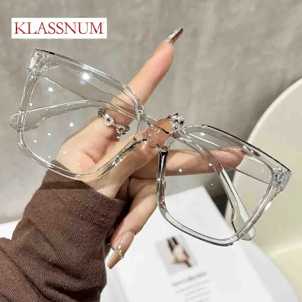 KLASSNUM  2026 Trendy Big Square Anti Blue Light Glasses Women Luxury Designer Leopard Frame Clear Lens Myopia Eyewear