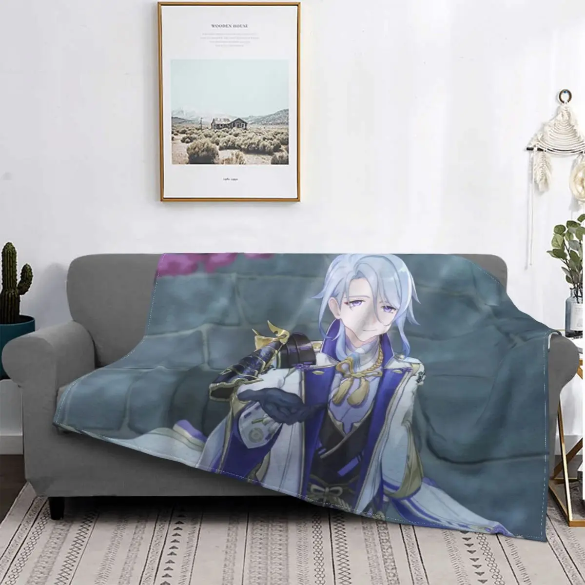 

Anime Kamisato Ayato Fleece Throw Blankets Genshin Impact Blanket for Bed Bedroom Warm Bedspread