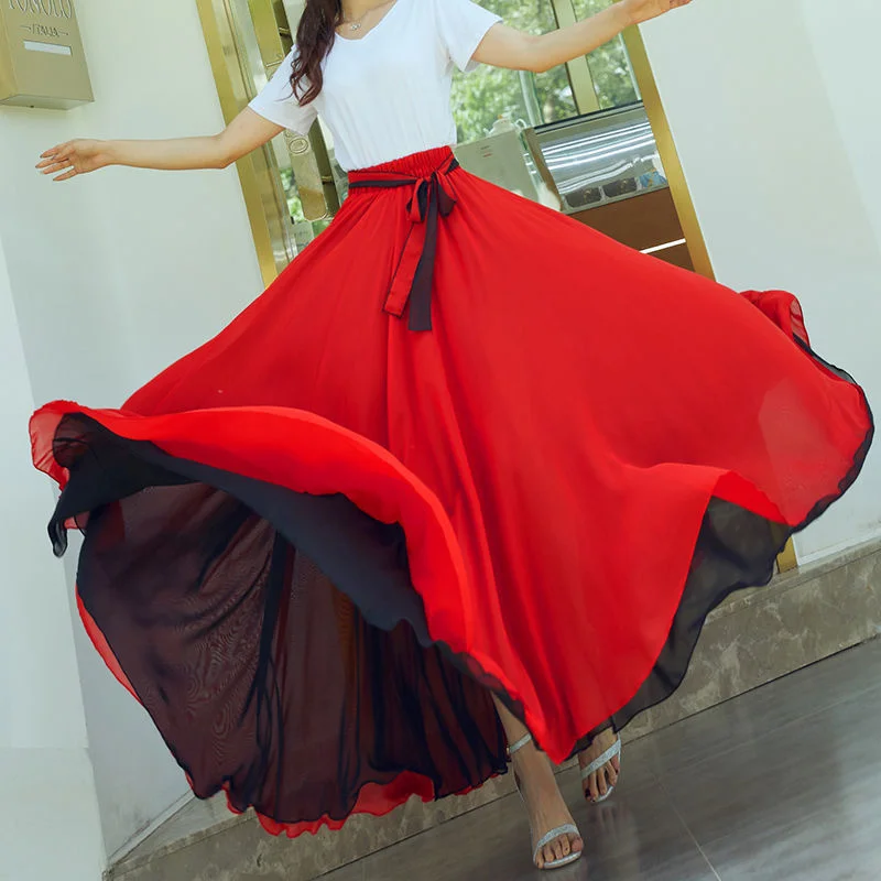 Both Sides Can Wear Dance Skirt Women Double Chiffon Skirts Elastic Waist Lace-up Maxi Skirts Elegant Female Big-hem Skirts 2026