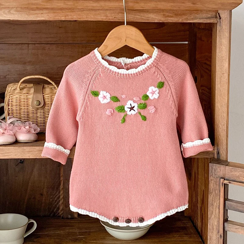 

2024 New Autumn Infant Baby Knitted Jumpsuit Long Sleeved Floral Embroidery Toddler Baby Girl Knitted Romper Children Clothes