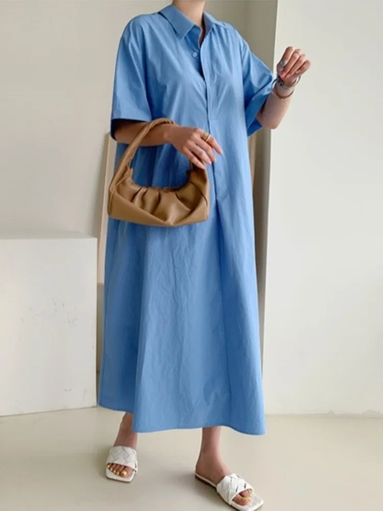 REALEFT Summer 100% Cotton Women's Shirts Dresses 2023 New Solid High Waist Korean Style Casual Loose Long Dresses Blue Female