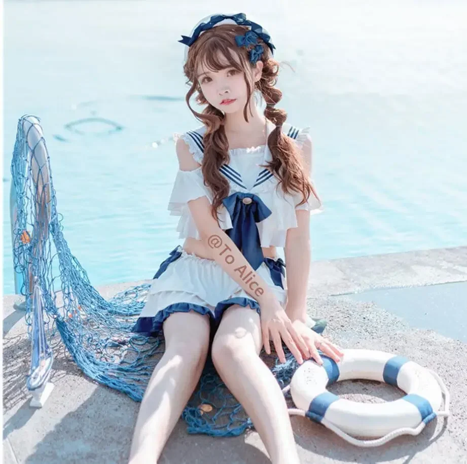 Japan Anime Girl Kawaii Cosplay Costume School Student Sukumizu Bow Open Collar Bandage Bodysuits Female Swimsuit Top Skirt Set