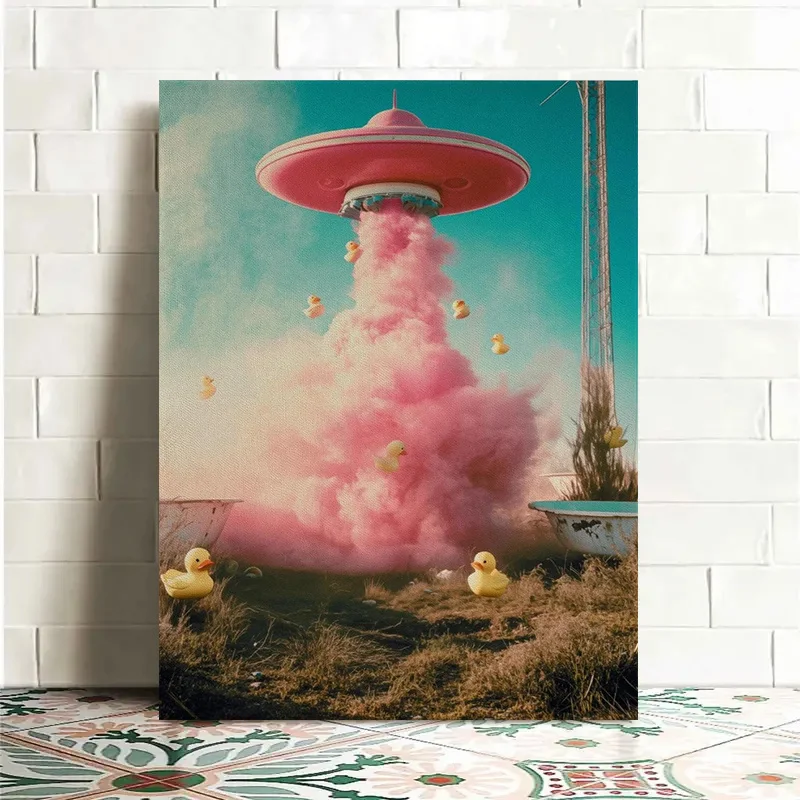 Vintage UFO Canvas Art Print,Frameless Surreal Sci-Fi Decor,Pink Alien Wall for Space Enthusiasts and Sci-Fi Fans,Unique Gift