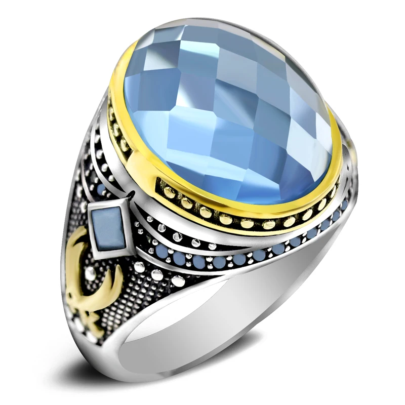 Men's S925 silver ring, luxury jewelry, punk style, A-grade blue zircon, handmade gift, antique Türkiye gift