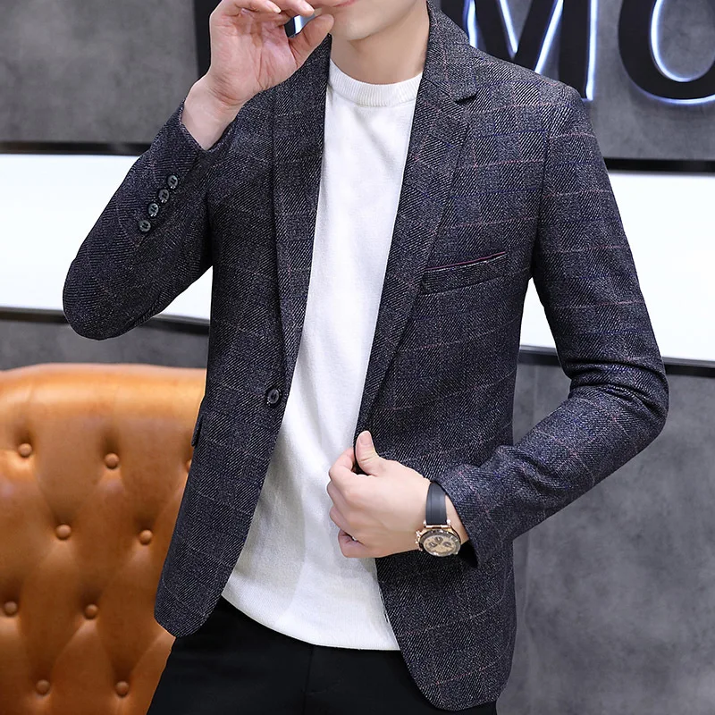

HOO 2023 Autumn New Men's Plaid blazer Youth Slim Trend Leisure blazer