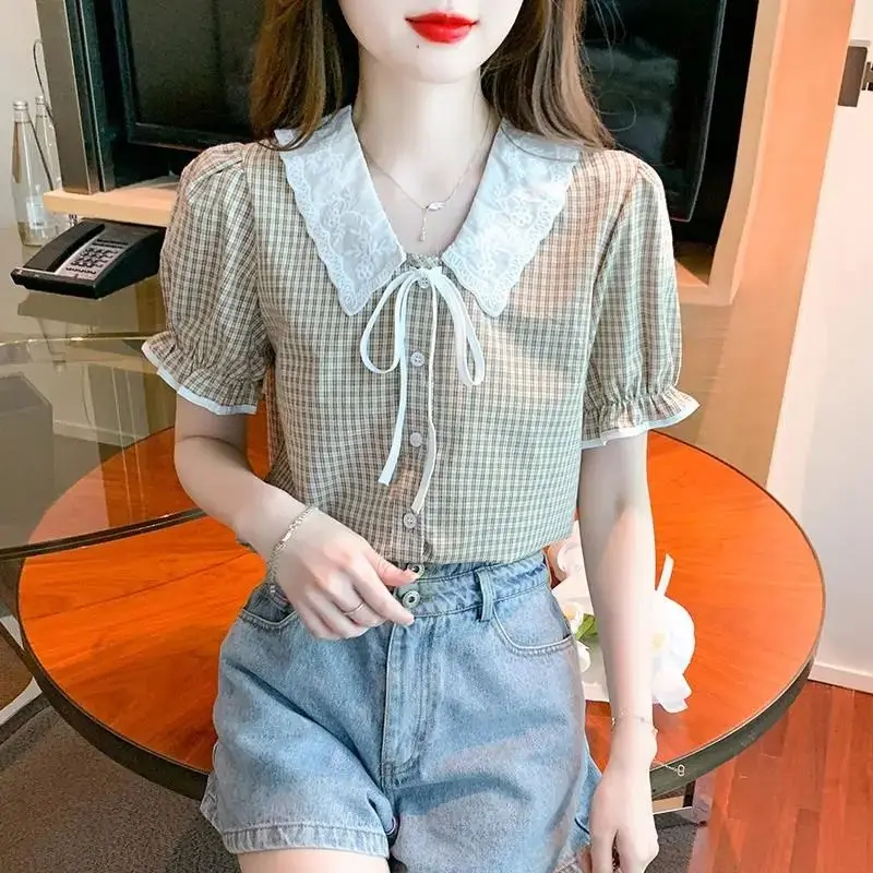 

Doll Collar Plaid Short Sleeve Lace Chiffon Women's Summer New Fashion Elegant Cardigan Tops