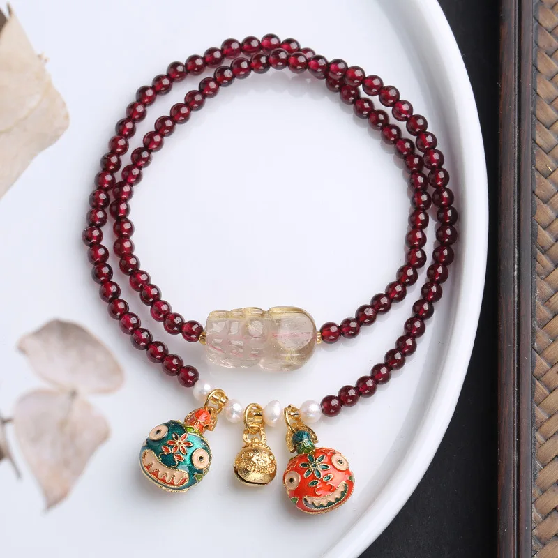 Natural Purple Garnet Bracelet with Rutilated Quartz Pixiu and Gold Swallowing Beast Charm Lucky Jewelry for Women Gifts