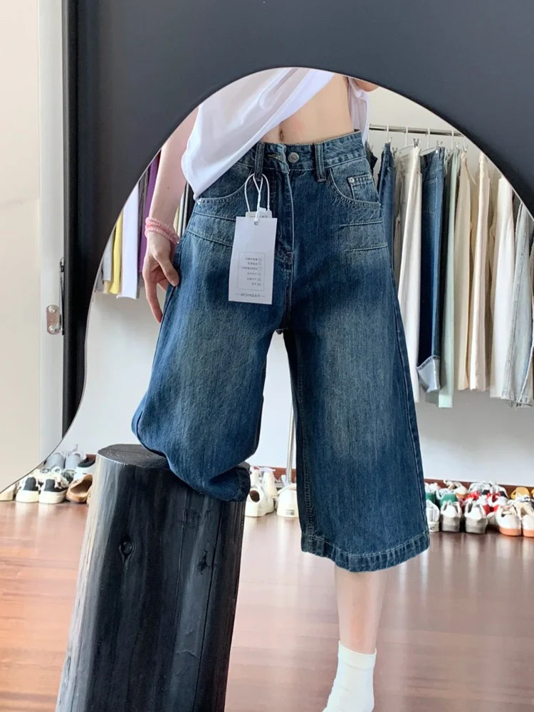 

Американские ретро-джинсы с высокой талией и широкими штанинами, женские, больших размеров, свободные, прямого кроя, средней длины, летние, повседневные