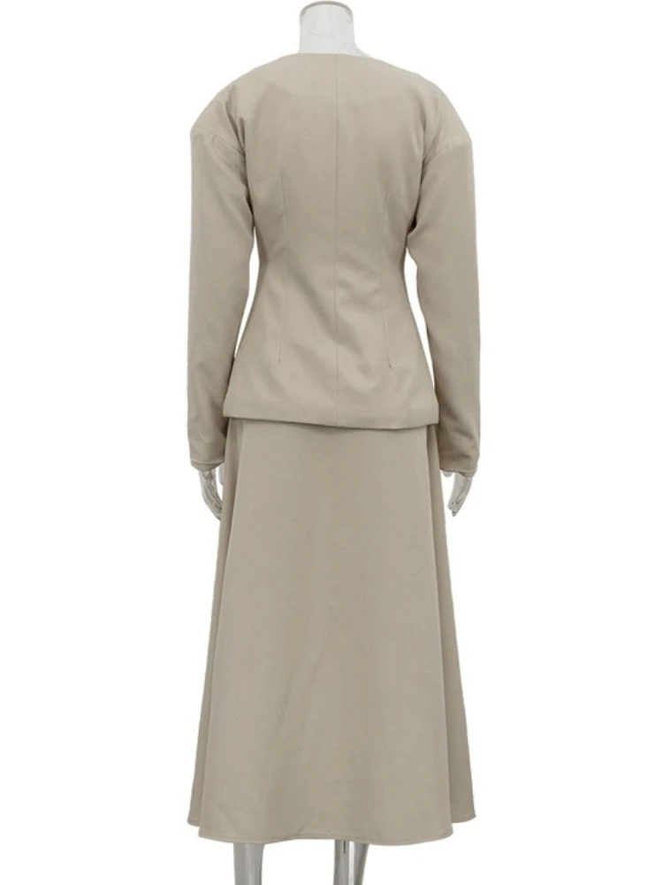 Tossy commuter 2 peça-conjunto saia longa para mulher com decote em v manga longa cintura cônica terno superior dobras maxi vestido define roupas femininas