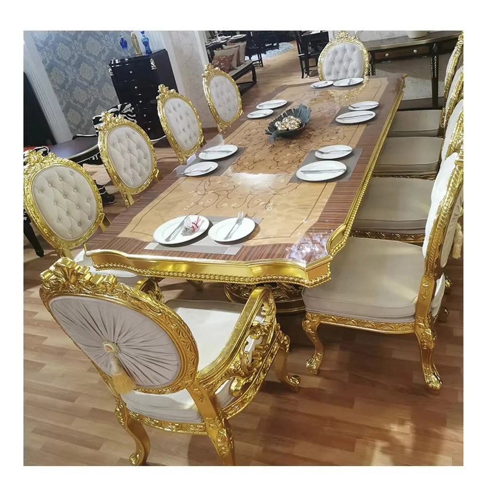 Hot Sale Royal Luxury European Solid Wood Convertible Dining Table Classic Italian 12 Seater Dining Room Furniture Table Hotel