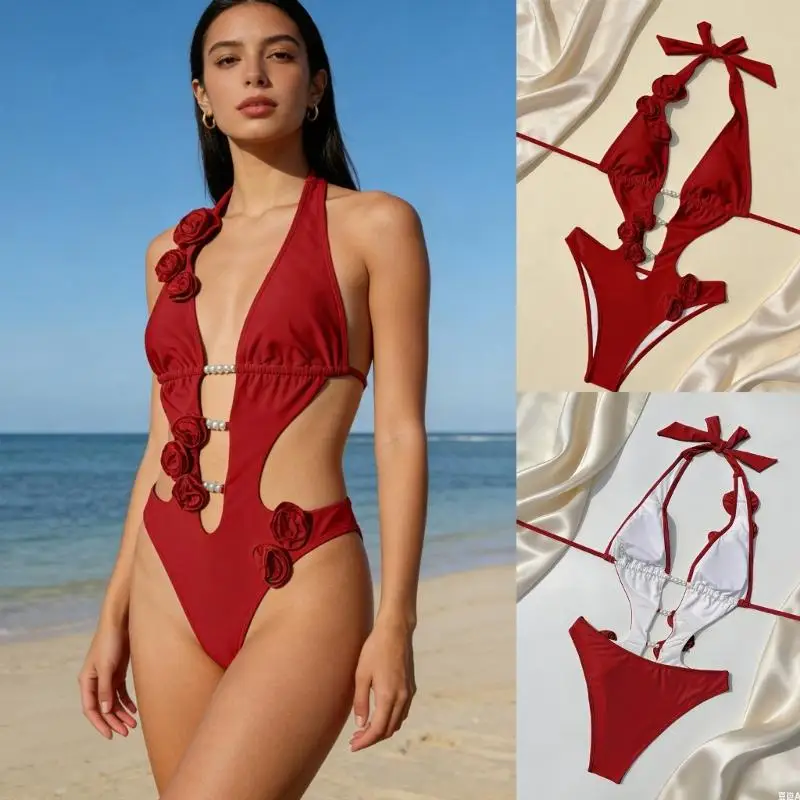 Women Plunging V Neck Swimsuit Flower Pearls Embellished Piece Halterneck Swimming Costume Monokini for Beach and Pool 24BD