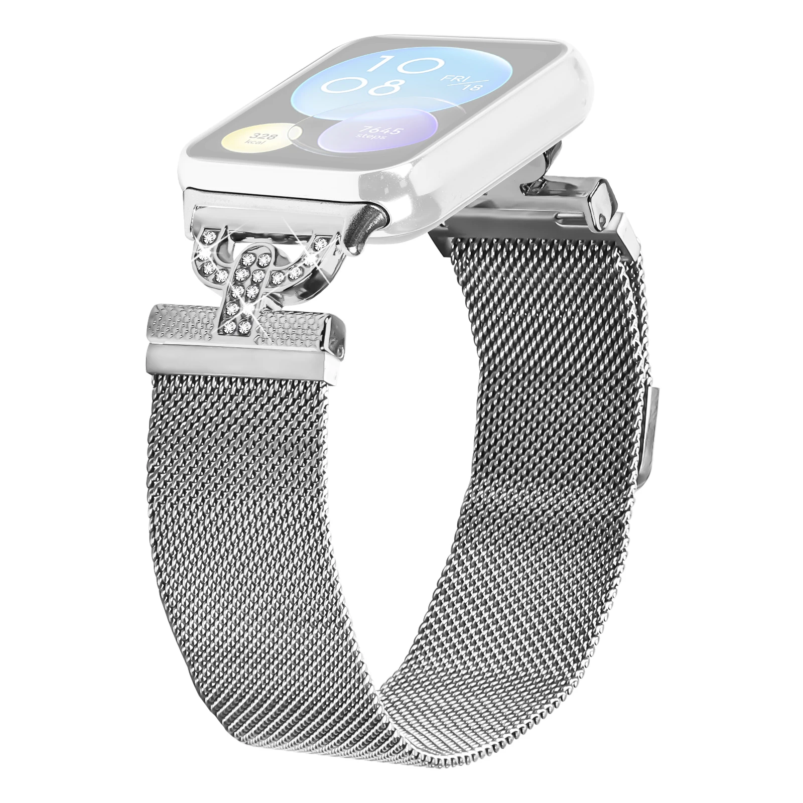 

For Xiaomi Smart Band 8 Pro Watch Band Silver Milanese Stainless Steel Strap D-Shape Rhinestones Decor