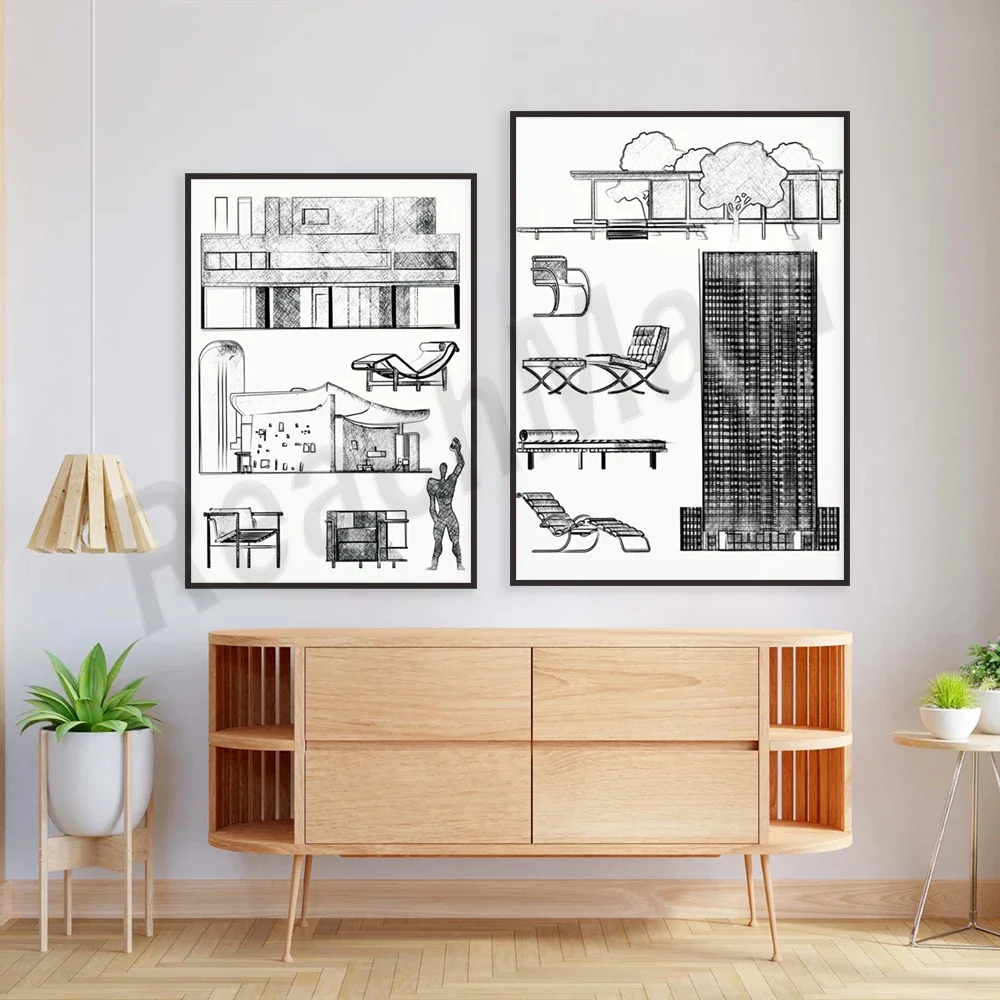 مطبوعات التصميم المعماري Le Corbusier، ملصقات المعرض Louwig Mies van der Rohe، ديكور منزلي بسيط