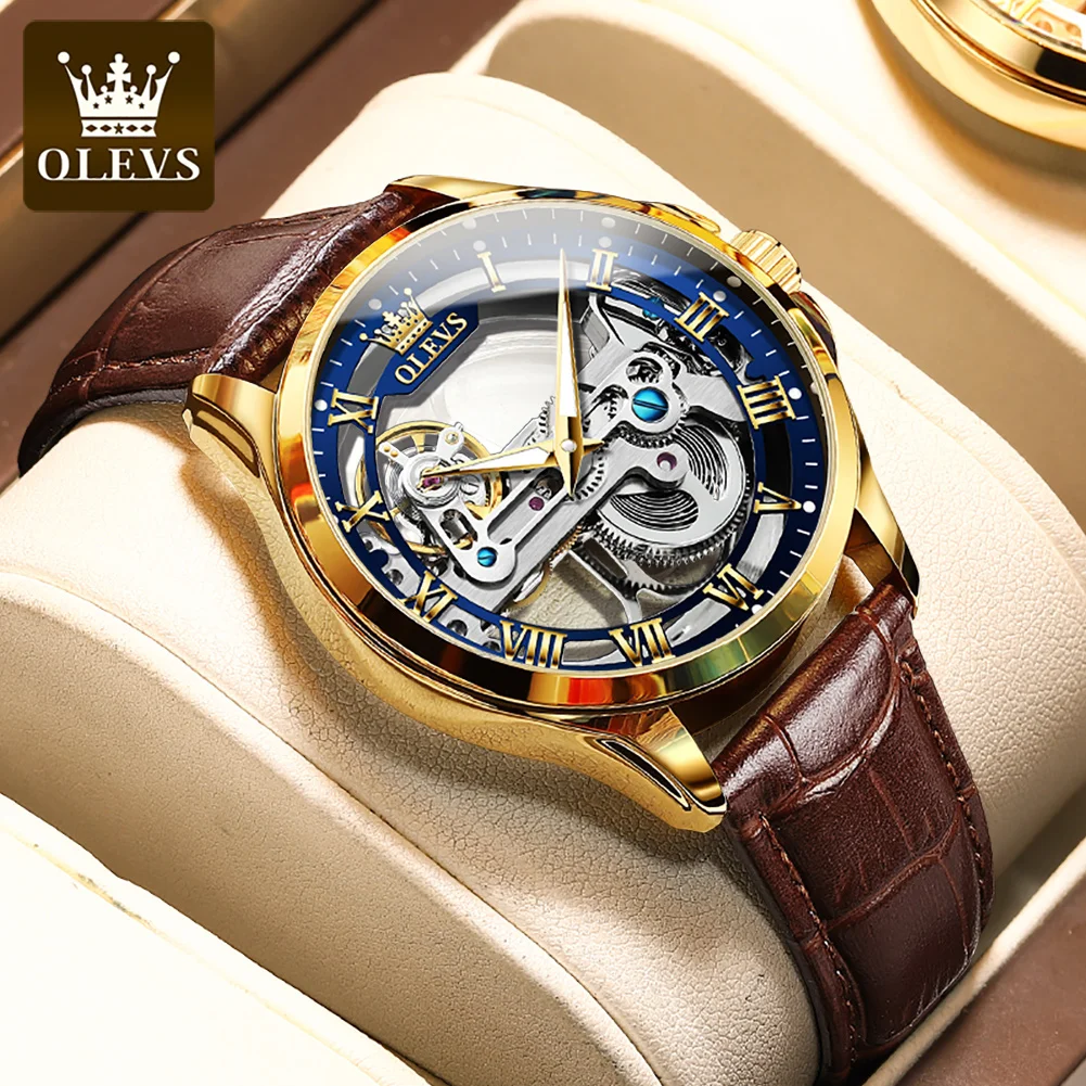 OLEVS Luxury Automatic Watch for Men Hollow Skeleton Roman Scale Leather Strap Waterproof Top Brand Men's Mechanical Wristwatch