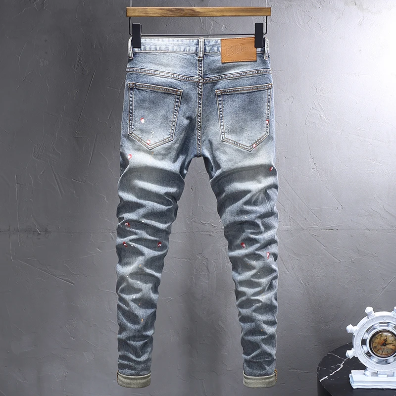 High Street Fashion Men Jeans Retro Washed Blue Stretch Slim Fit Ripped Jeans Men Painted Designer Vintage Denim Pants Hombre