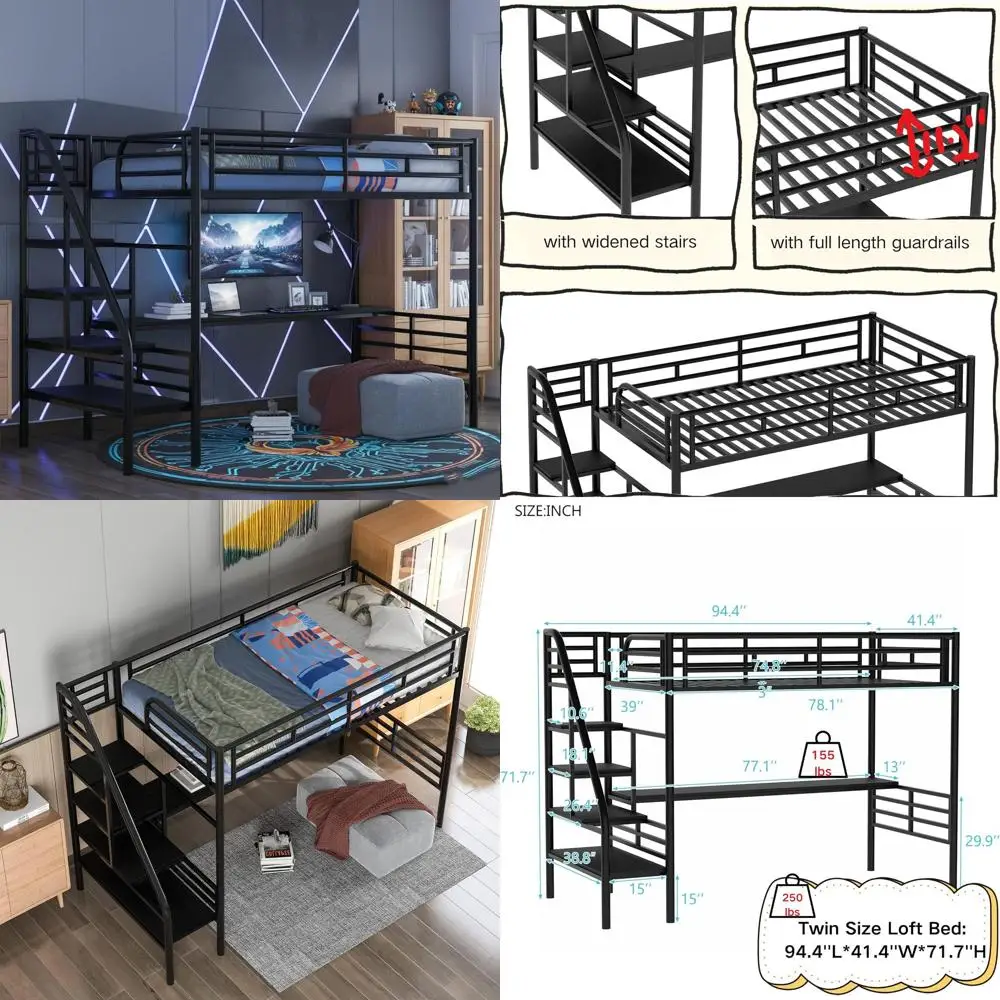 

Twin Metal Bed with Stairs, Heavy Duty, Desk or Kids Use, Noise-Free, No Box Spring Needed, Black