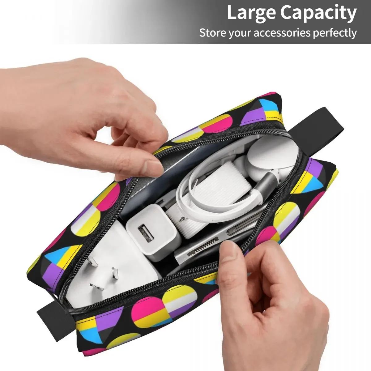 Pan And Nonbinary Pride Heart Bolsa de maquillaje Organizador de cosméticos Kit de almacenamiento Dopp Bolsa de cosméticos de artículos de tocador para mujeres Estuche de lápices de belleza