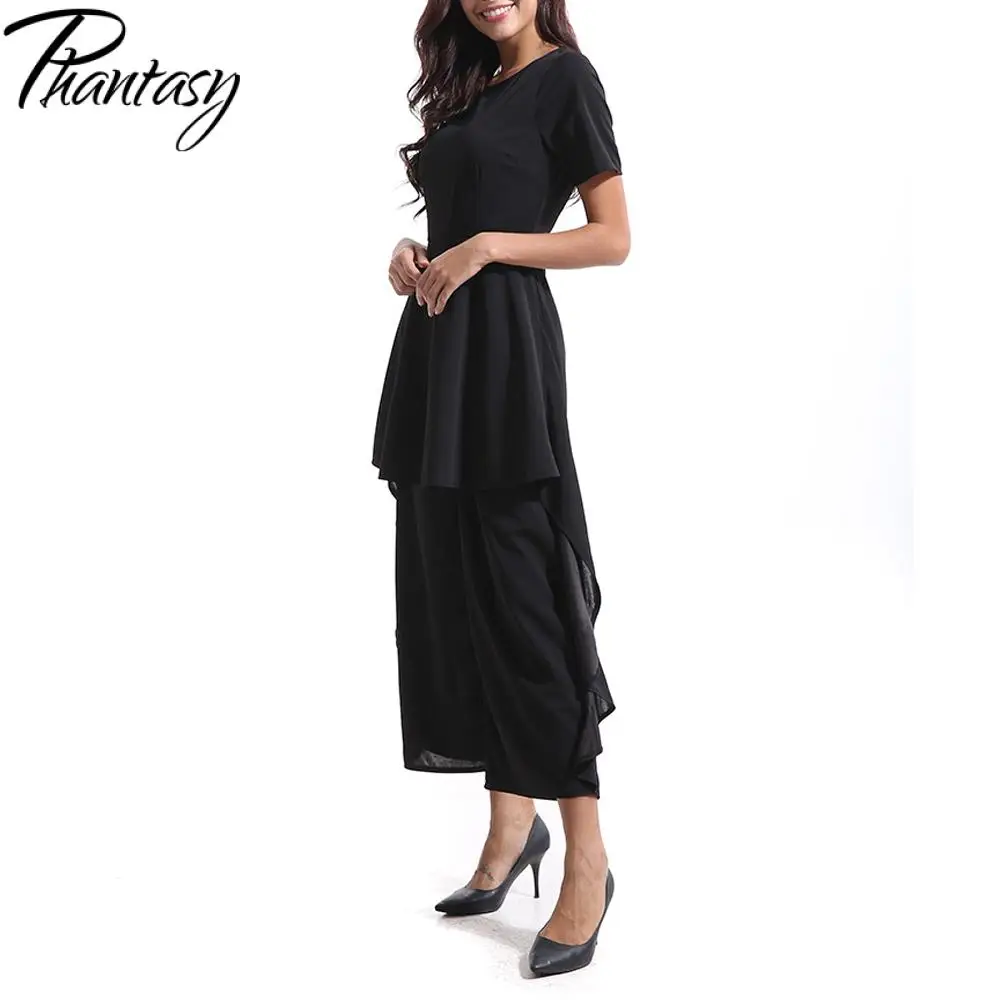 Phantasy Fashion Office Lady Jumpsuit Elegant Slim Wide Legs Jumpsuit Women Black Bodysuit Short Sleeve Romper Casual Streetwear