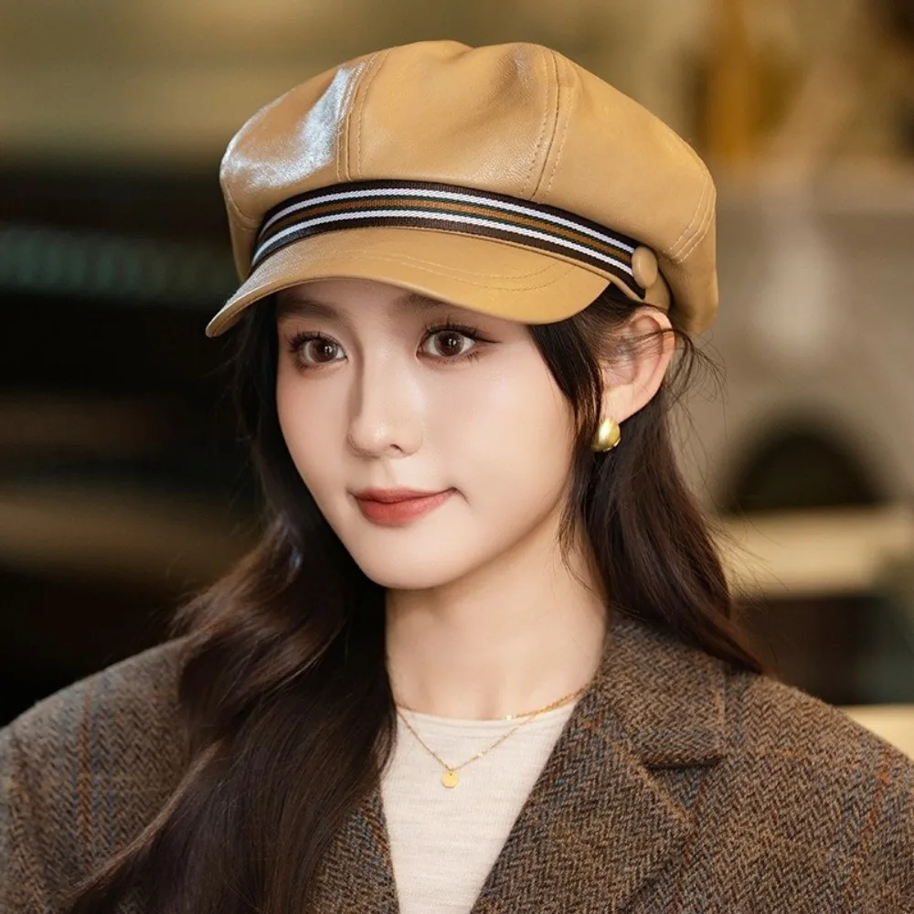 

Fashion Stripe Pu Leather Beret Windproof Warm Octagonal Hat Flat Korean Style Painter Hat Outdoor