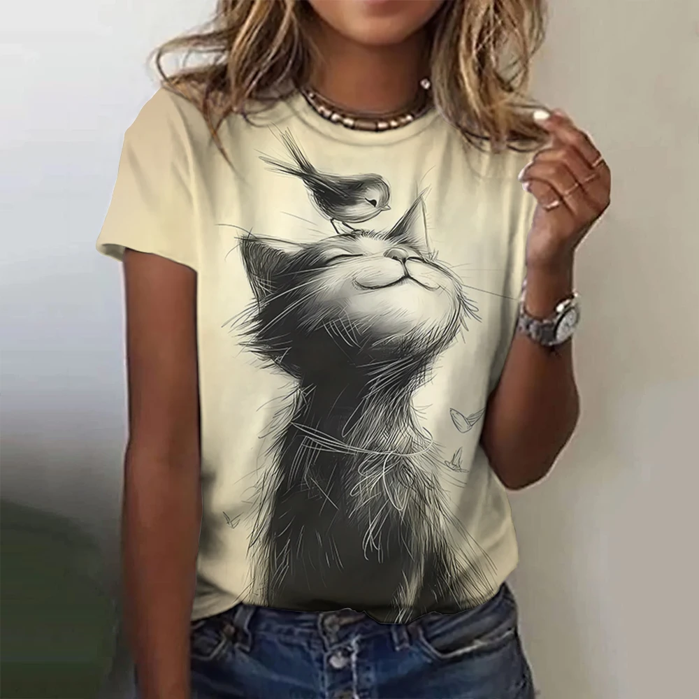 Lovely Cat Print Women O-Neck T-Shirts Kawaii Style Pullover Loose Short Sleeves Oversized Tee Shirt Summer Female Clothing 2024