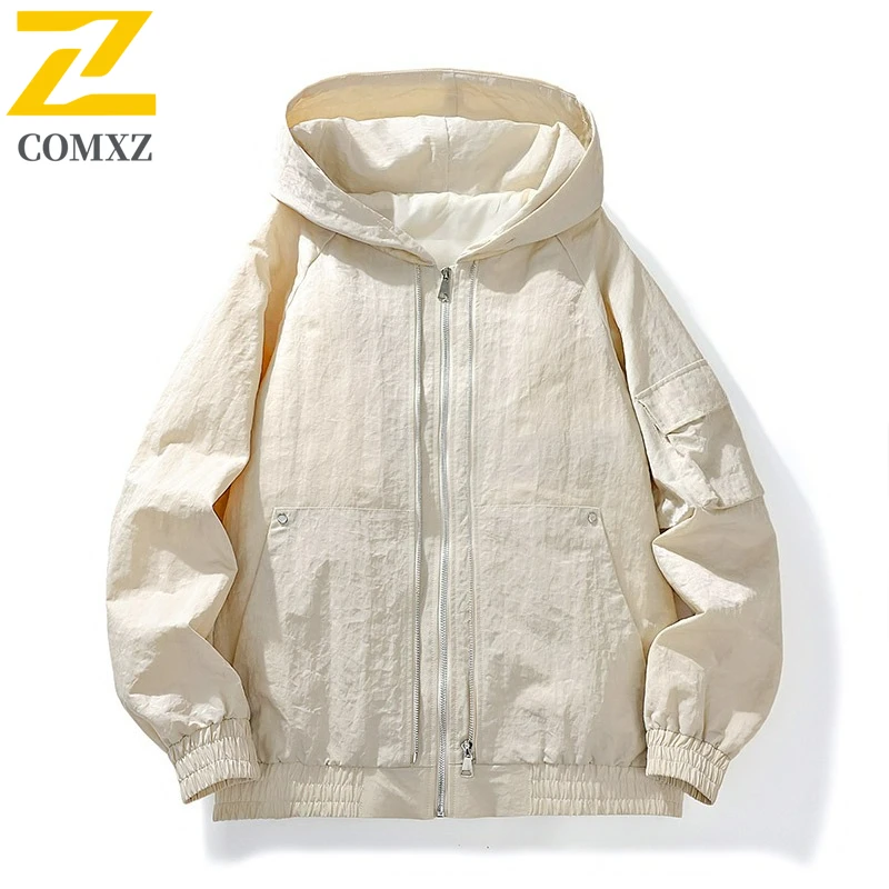 COMXZ New Mens Jackets 2025 Casual Outdoor Working Comfort Jacket Fashion Hooded Lightweight Spring Autumn Plus Size Outerwear