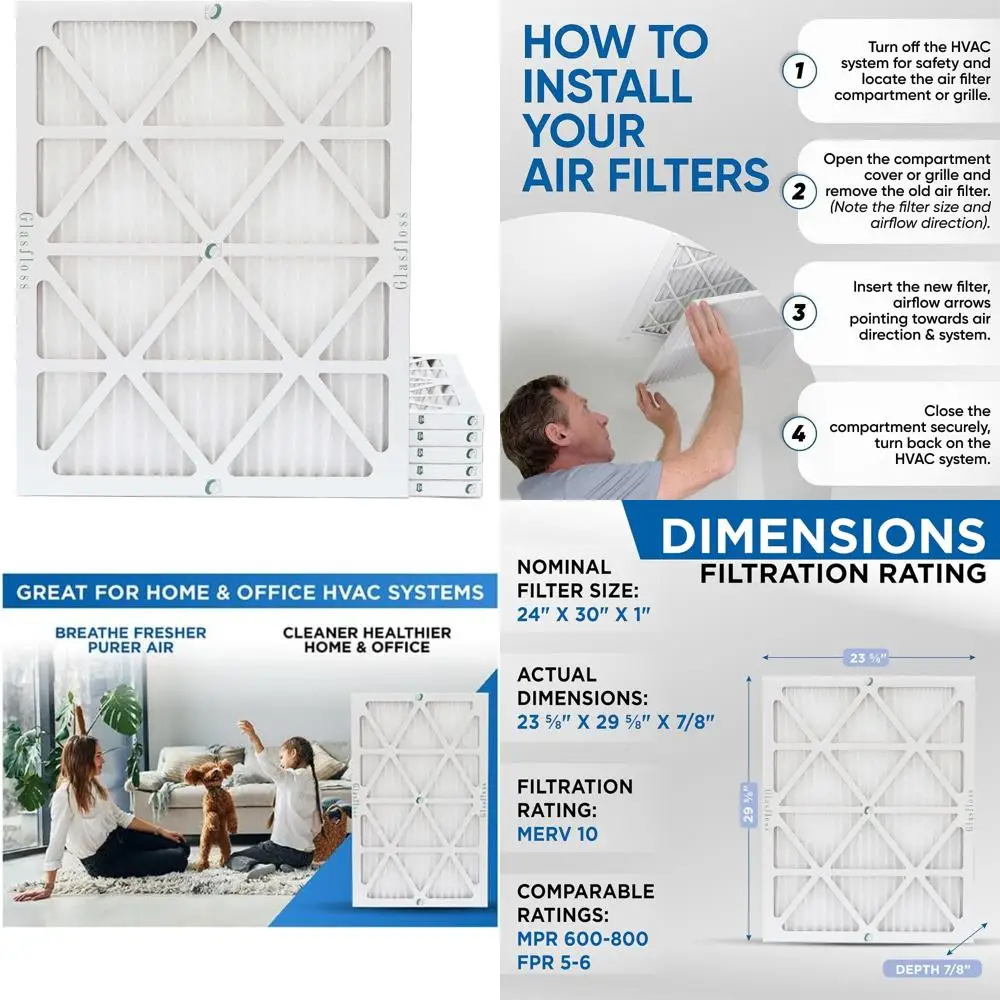 

Плиссированные воздушные фильтры MERV 10 (FPR 5-6) 24x30x1 дюймов, коробка из 6 штук для улучшения качества воздуха