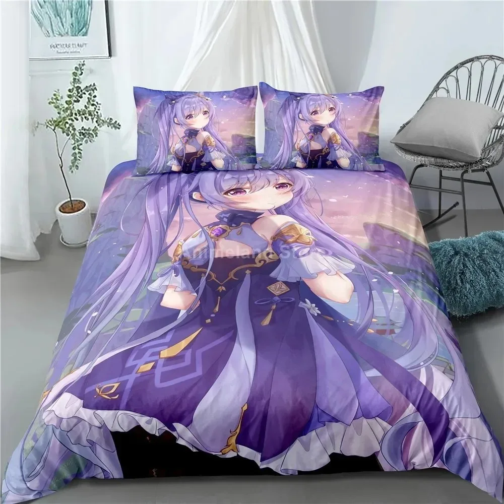 Keqing Bedding Set Genshin Impact Game 3d Print Bed Linen Quilt Soft Duvet Cover Sets Home Room Decor Queen King Size Purple