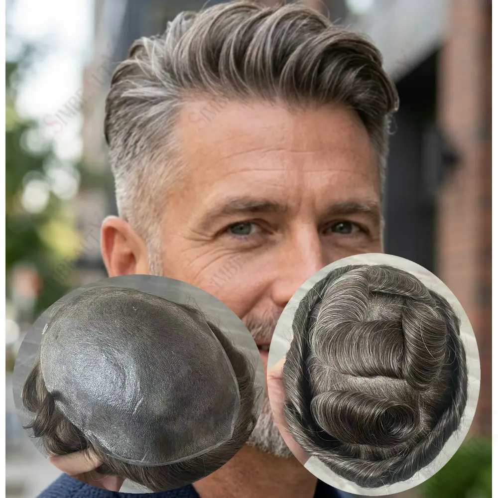 Super Natural Hairline Ultra 0.02mm Thin Skin Undetectable Men Toupee 540# Black Grey 80Density Human Hair Men's Hair Prosthesis