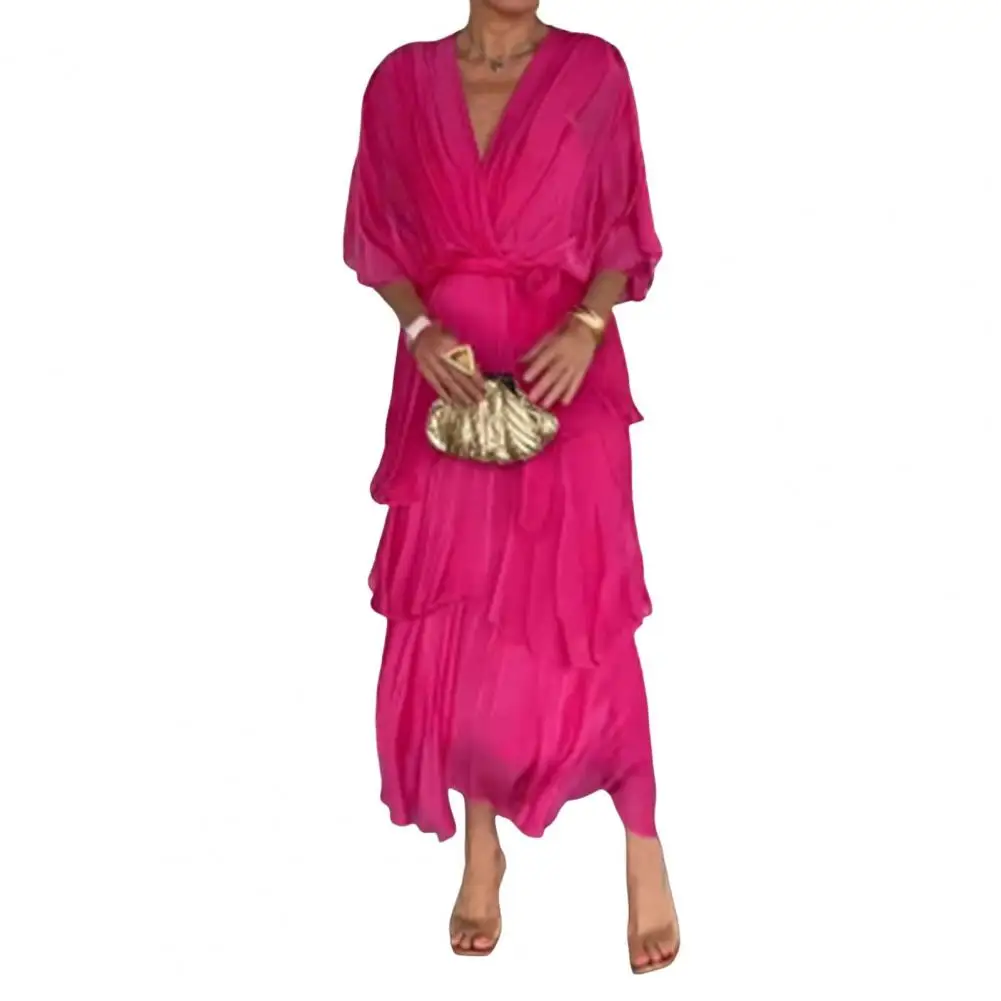 Vestido feminino vintage fluido chiffon plissado meia manga cintura império vestido envoltório franzido decote em v vestidos de balanço em camadas