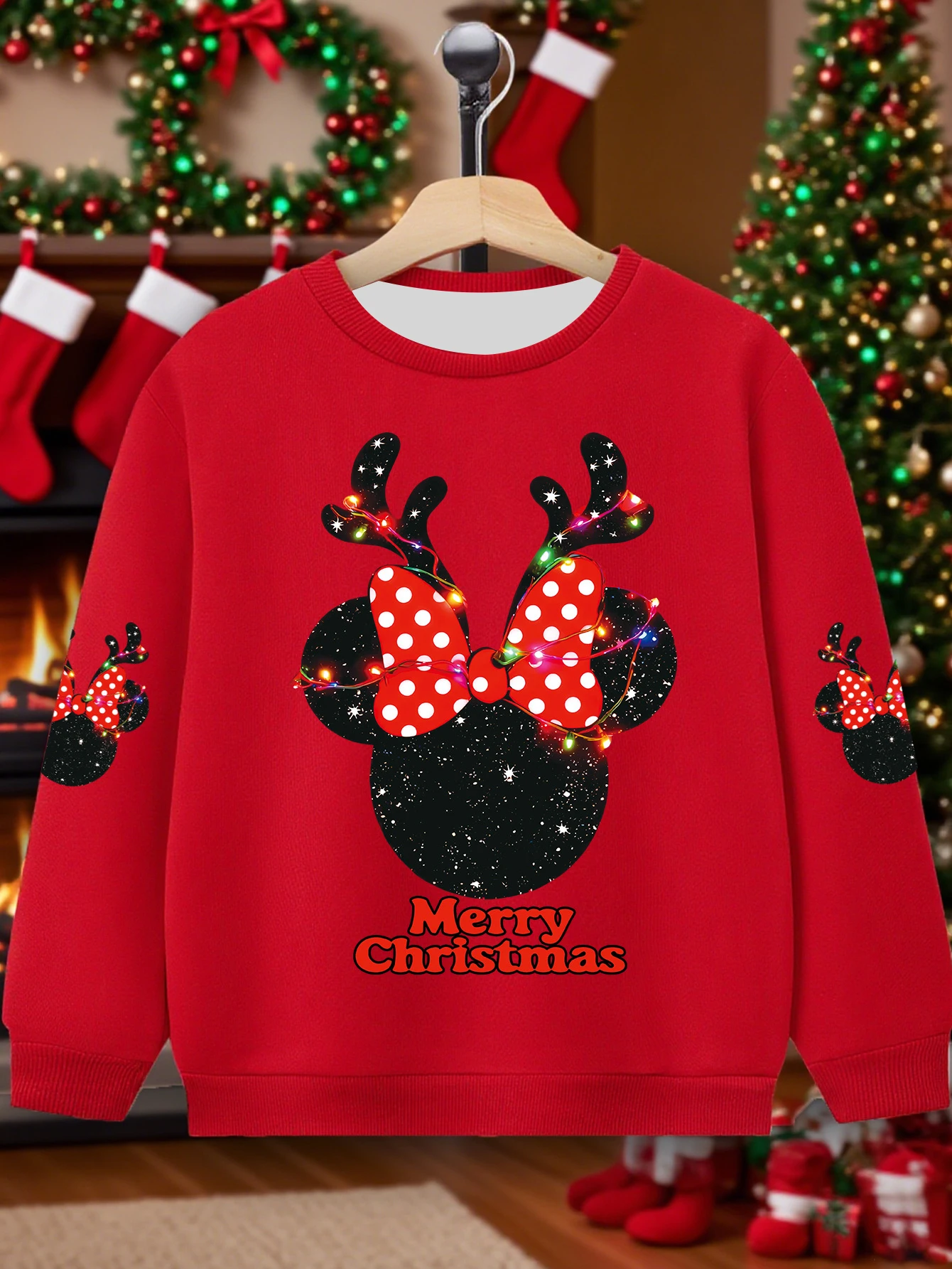 ديزني الفتيات ميني ماوس عيد الميلاد قرن الوعل القوس لهجة الوردي بلوزات مريحة فضفاضة تناسب البلوز للأطفال الشتاء عطلة وتتسابق #3