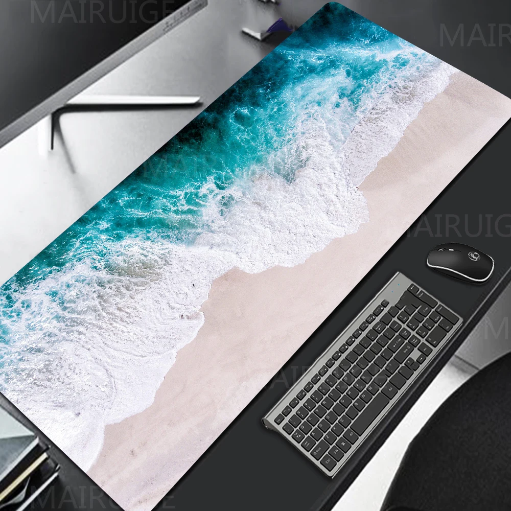Ocean Beach Wave Large Gaming Mouse Pad Aerial View Seaside Coast Scenery Non‑Slip Rubber Extended Keyboard Desk Mat for Office