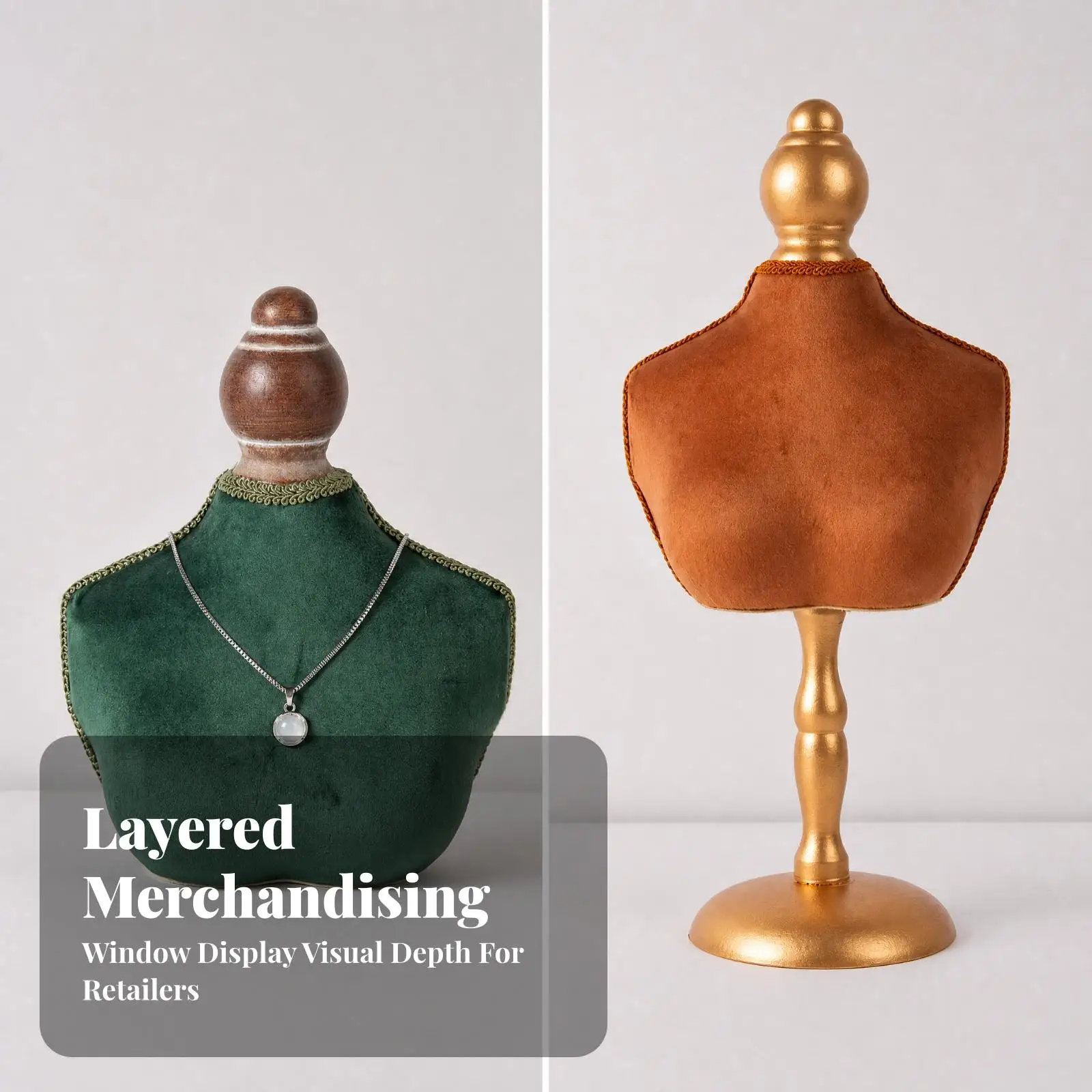 Decorative Velvet Jewelry Bust Display Stand with Wood Finial Necklace Mannequin for Boutique Studio Shop Window Organizer